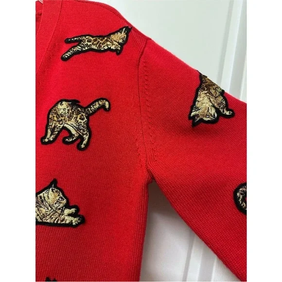 Alice + Olivia Red Bengal Cat Embroidered Grandpa Cardigan – Wool Blend, Size M - Picture 7 of 15